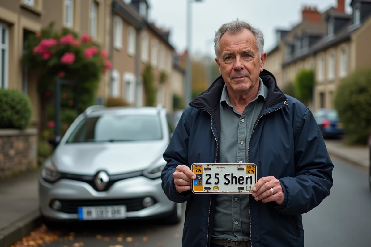 Homme français tenant une vieille plaque d'immatriculation dans une rue résidentielle