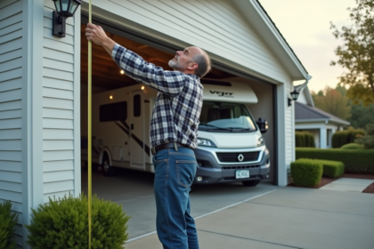 Homme mesurant la hauteur d'un garage moderne avec un mètre