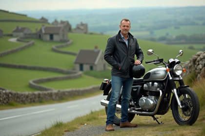 Homme en jeans et casque avec moto classique à la campagne