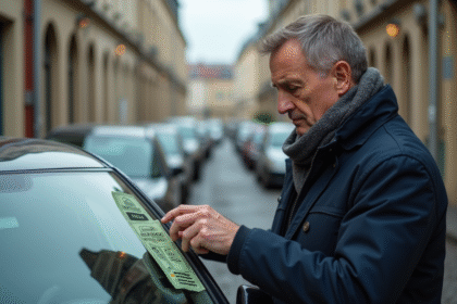 Homme d'âge moyen retirant une vignette d'assurance de la voiture