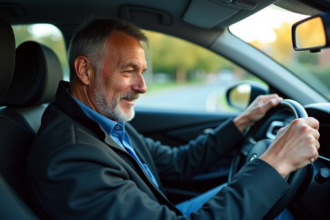 Homme d'âge moyen retirant une vignette d'assurance de la voiture