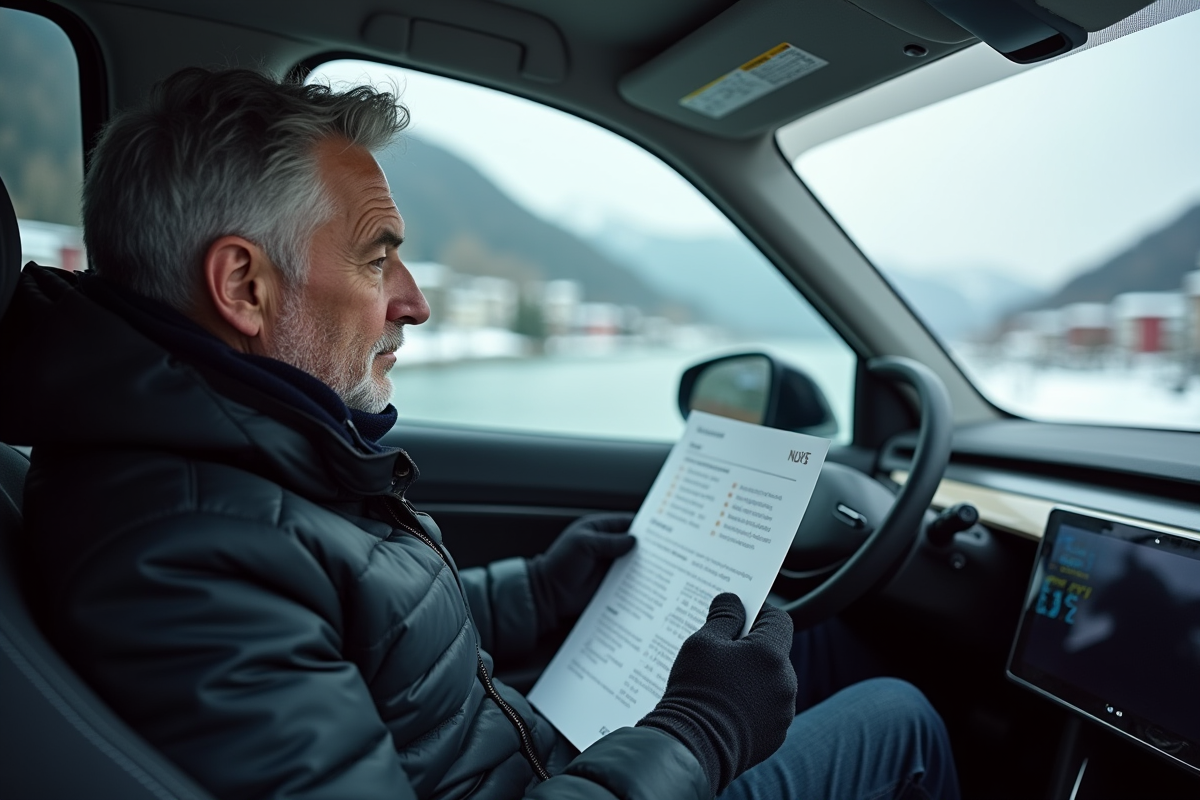 Homme lisant documents dans une voiture électrique