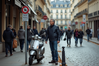 Homme en veste moto regardant un panneau de stationnement à Paris