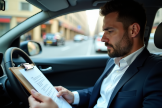 Homme d'âge moyen dans un taxi urbain regarde ses documents de licence