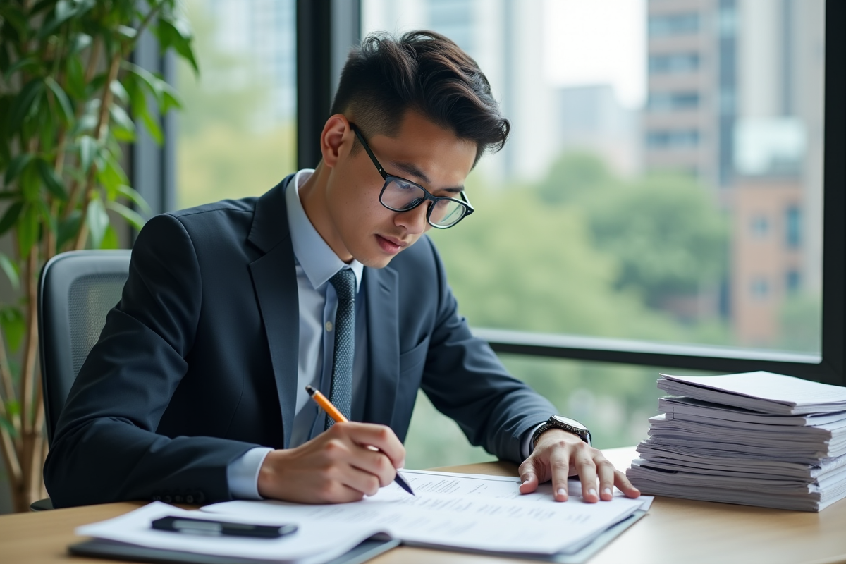 Jeune homme remplissant une fiche de sécurité au bureau