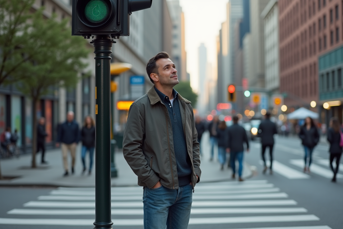 Homme adulte regardant le feu de signalisation en ville