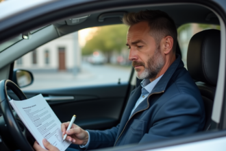 Homme d'âge moyen dans une voiture urbaine pour assurance