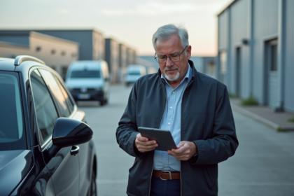 Ingénieur automobile avec tablette près d'une voiture moderne