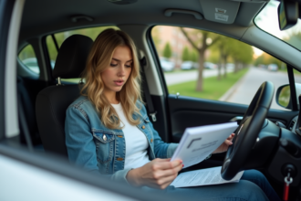 Jeune femme dans une voiture lisant un manuel de conduite