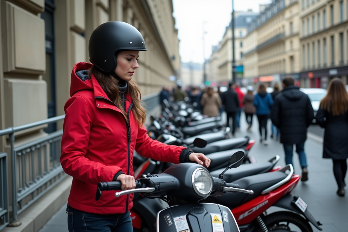 Jeune femme récupérant sa moto sur un trottoir parisien