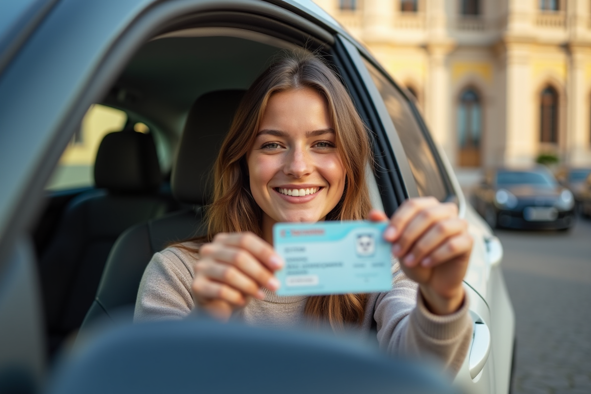Jeune femme souriante avec son permis dans une voiture près de l hôtel de ville