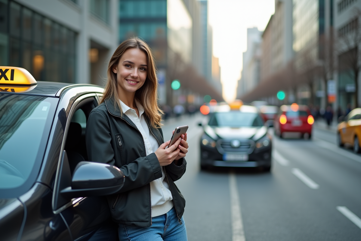 Jeune conductrice de taxi posant avec son véhicule en ville