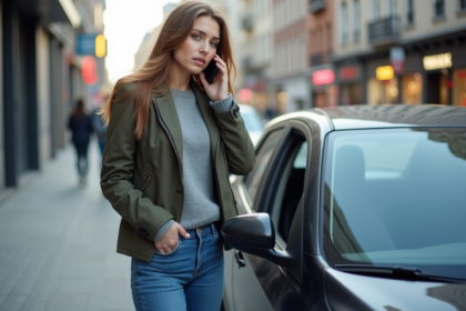 Jeune femme en ville parlant au téléphone à côté de sa voiture