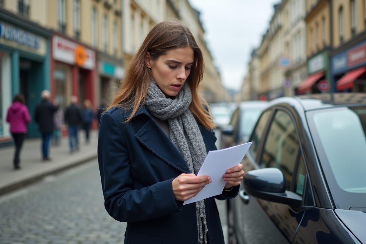 Jeune femme française vérifiant ses documents de voiture