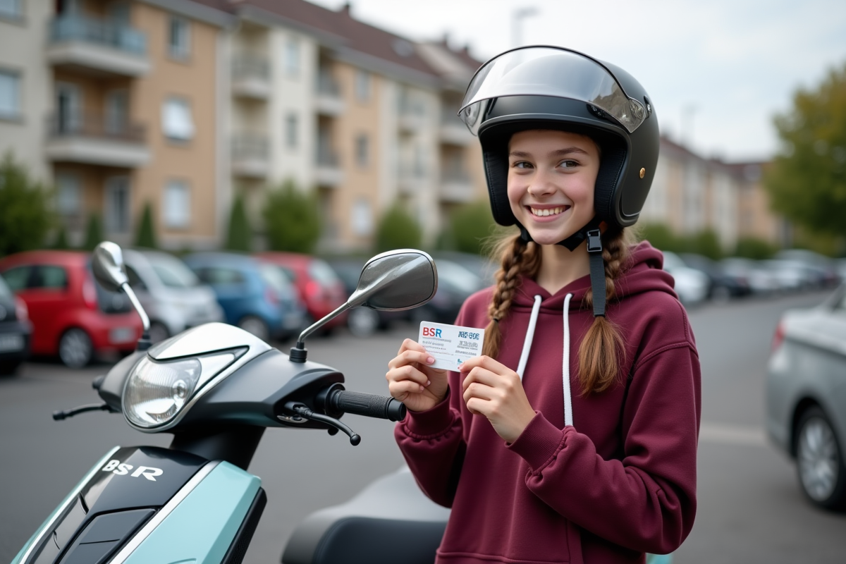 Fille souriante avec un scooter et sa carte BSR en extérieur