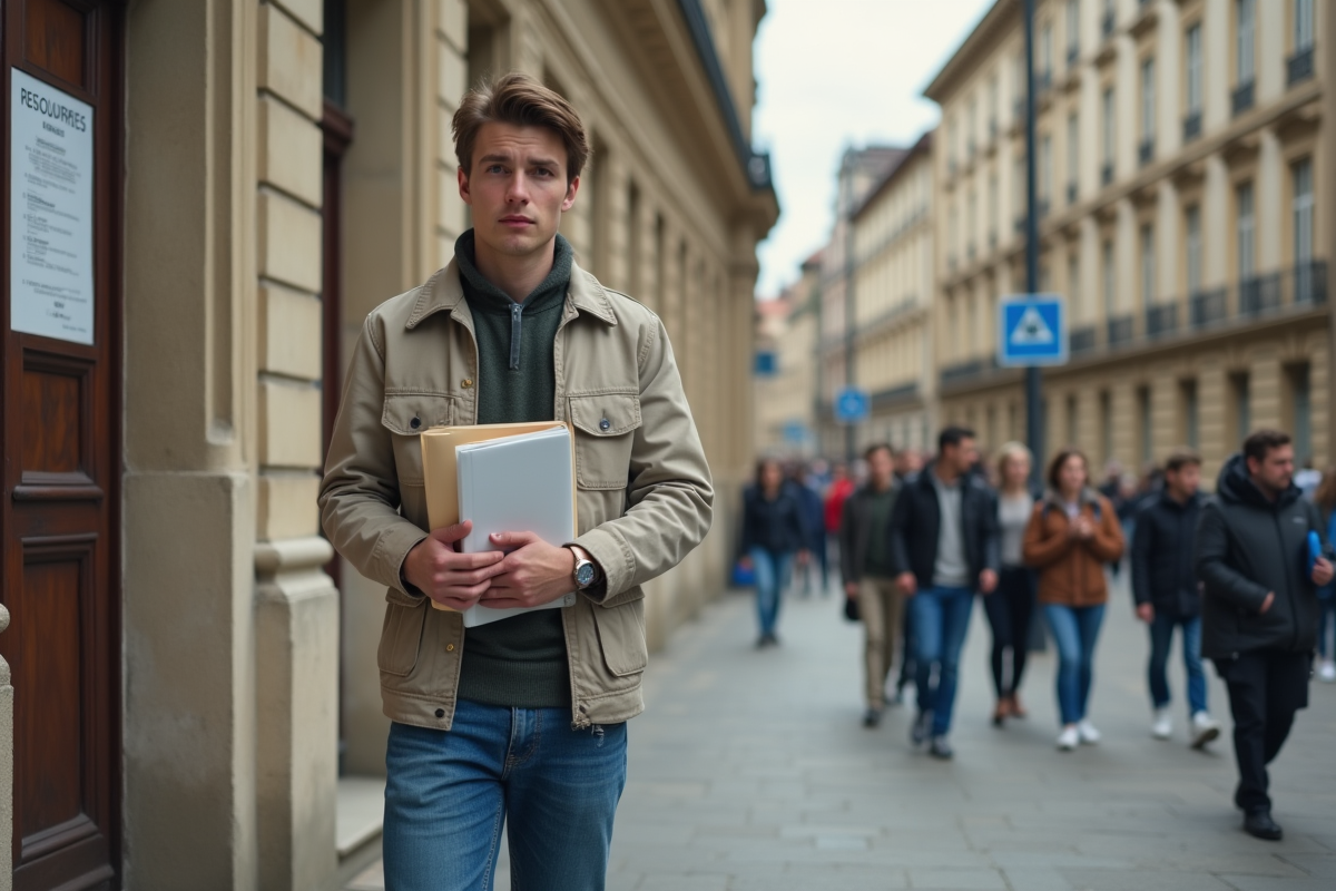 Jeune homme devant la préfecture avec dossier