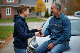 Adolescent souriant remettant les clés à son père sur la voiture