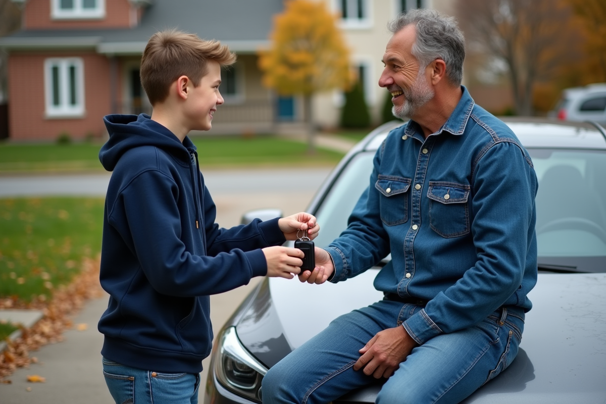 Adolescent souriant remettant les clés à son père sur la voiture