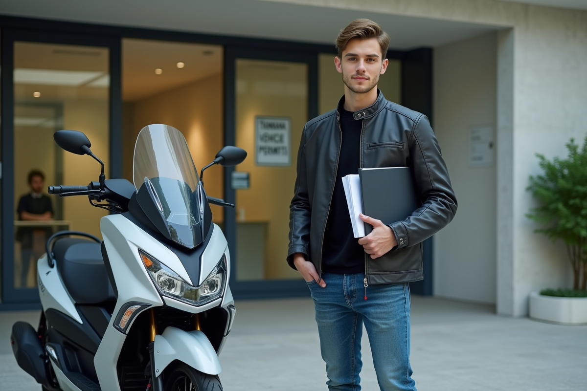 Jeune homme avec scooter Yamaha Tmax devant un bâtiment officiel