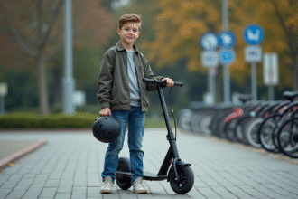 Jeune homme avec scooter en milieu urbain en extérieur