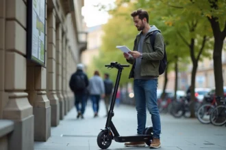 Jeune homme avec scooter urbain et avis officiel