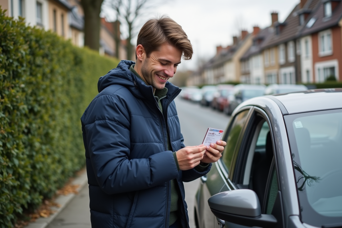 Jeune homme vérifiant son permis de conduire devant sa voiture