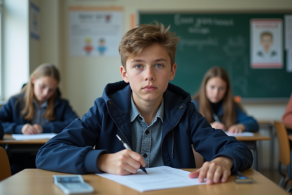 Adolescent français en classe remplissant un formulaire de permis