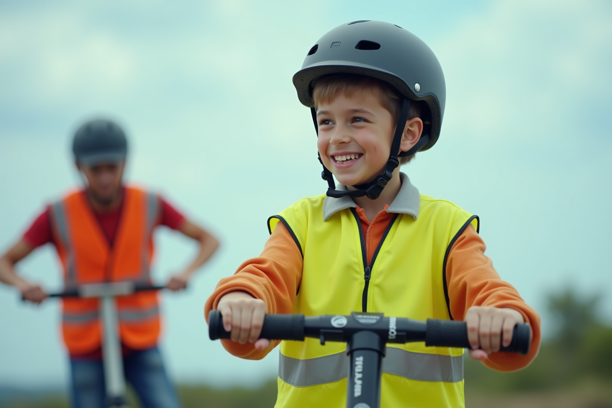 Adolescent portant casque et gilet jaune en formation scooter