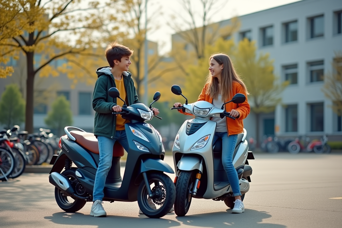 Jeunes adolescents avec motos en parking scolaire