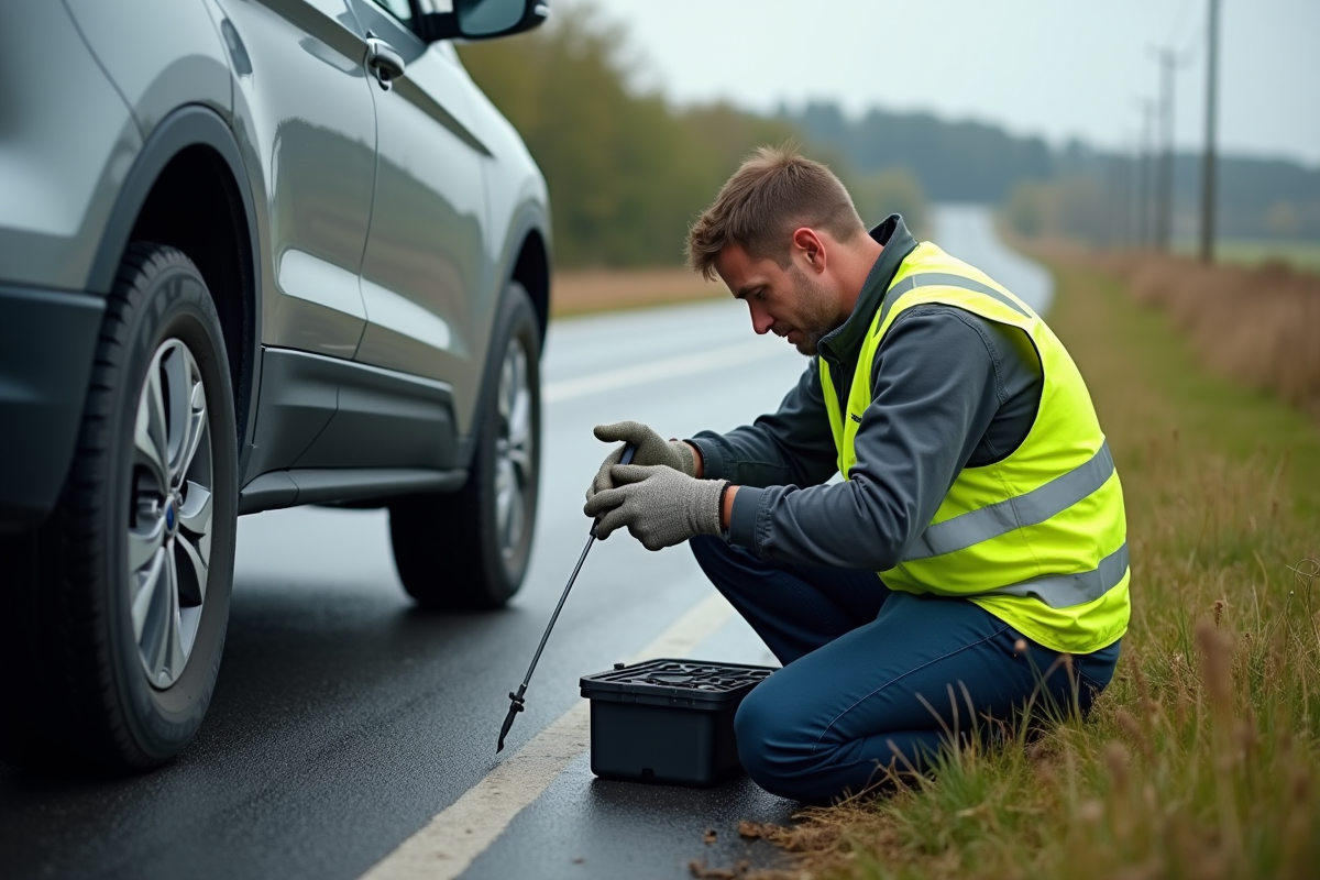 Mécanicien vérifiant un pneu crevé sur une route rurale