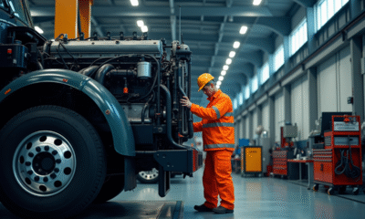 Mécanicien en tenue haute visibilité inspectant un gros moteur de camion