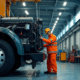 Mécanicien en tenue haute visibilité inspectant un gros moteur de camion