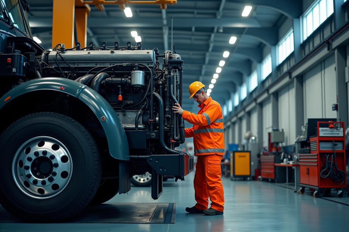 Mécanicien en tenue haute visibilité inspectant un gros moteur de camion