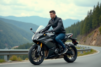 Jeune homme en moto sur un panorama de montagne
