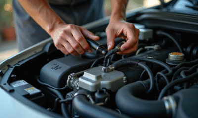 Vue rapprochee du moteur de voiture en atelier avec un mecanicien