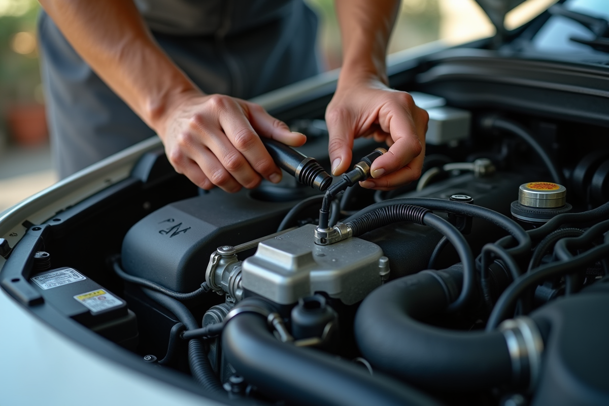 Vue rapprochee du moteur de voiture en atelier avec un mecanicien