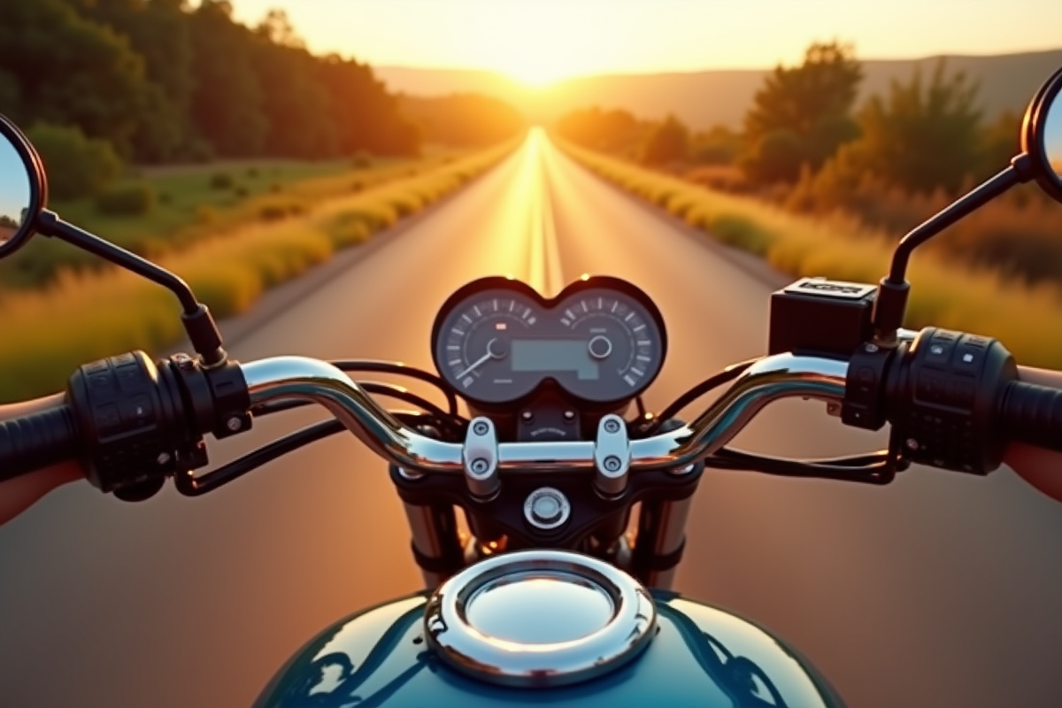 Moto sur route de campagne au coucher du soleil avec tableau de bord