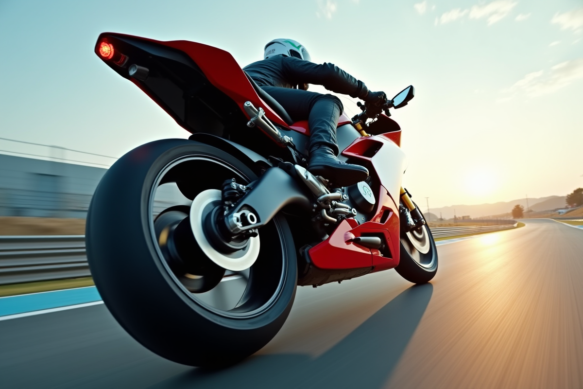 Moto sportive en action sur circuit avec roue en mouvement
