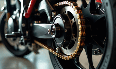 Roue arrière de moto avec chaîne et sprocket brillant en garage