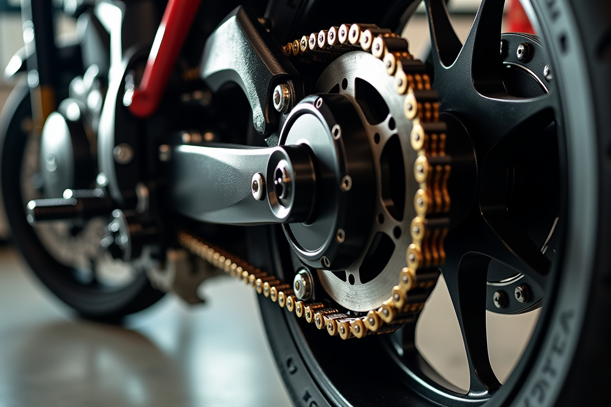 Roue arrière de moto avec chaîne et sprocket brillant en garage