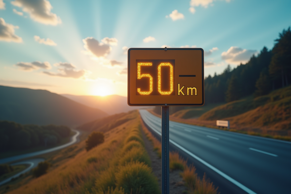 Panneau routier indiquant 50 miles 80 km en plein jour