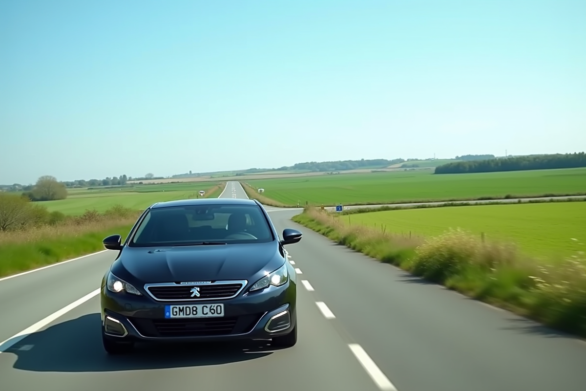 Peugeot 308 en mouvement dans la campagne ensoleillée