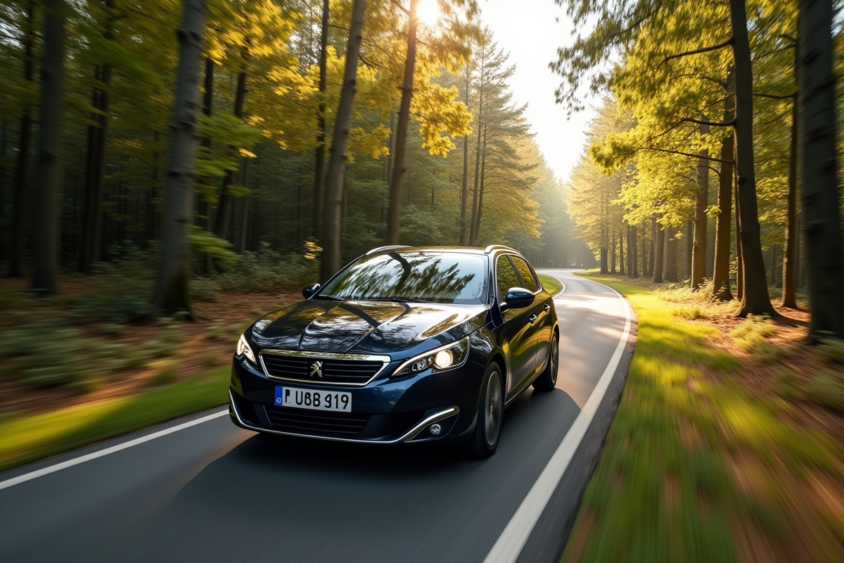 Peugeot 308 GT en mouvement sur une route forestière ensoleillée