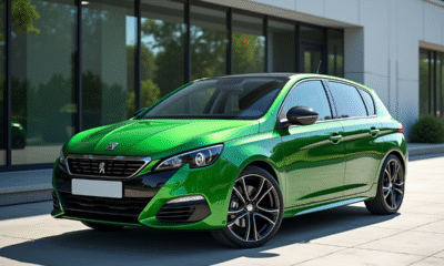 Peugeot 308 GT neuve devant un bâtiment moderne ensoleillé