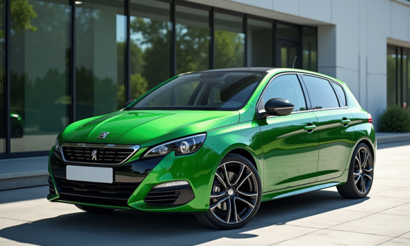 Peugeot 308 GT neuve devant un bâtiment moderne ensoleillé