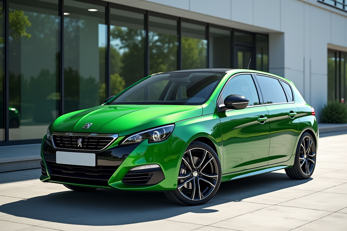 Peugeot 308 GT neuve devant un bâtiment moderne ensoleillé
