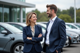 Deux professionnels discutent devant des voitures hybrides électriques