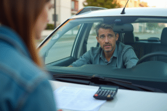 Propriétaire de voiture examine un pare-brise endommagé en journée