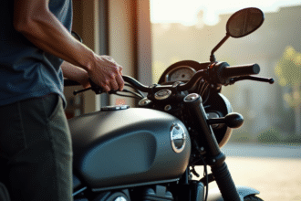 Motocycliste ajustant le guidon d'une moto moderne en garage