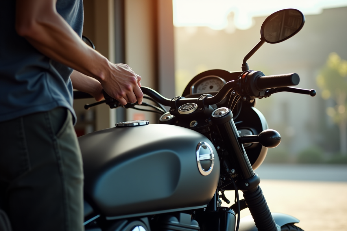 Motocycliste ajustant le guidon d'une moto moderne en garage